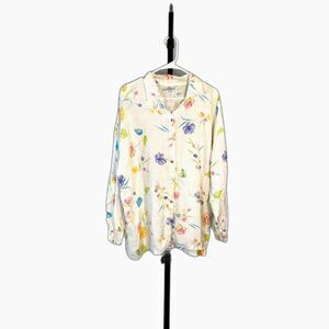 100% Linen Oversized White Button Down Shirt with Coastal, Floral Pattern, L